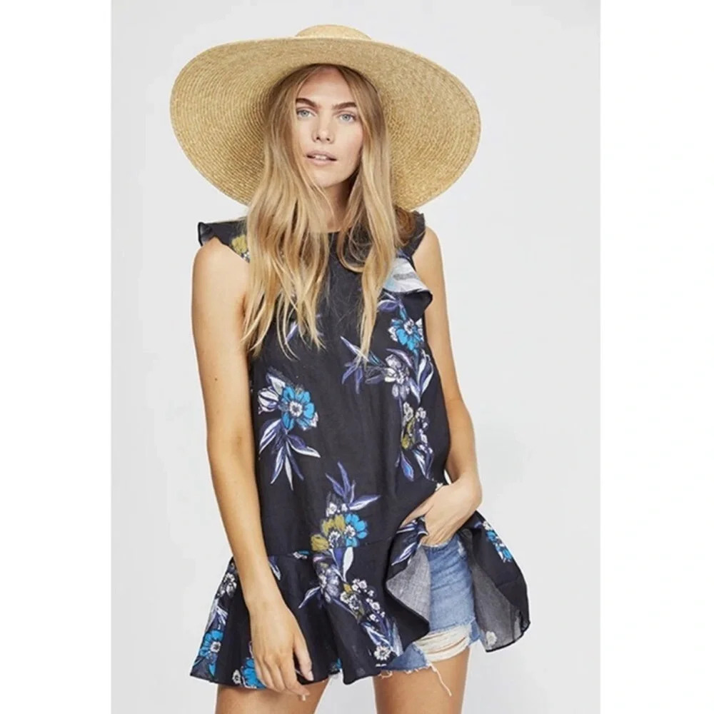 NWT Free People Summer in Tulum Black Floral Printed Tunic Top  XS
